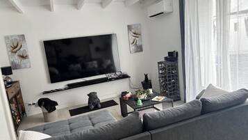 Un salon moderne doté d’un grand téléviseur à écran plat, d’un canapé gris et d’une table basse agrémentée d’objets décoratifs.
