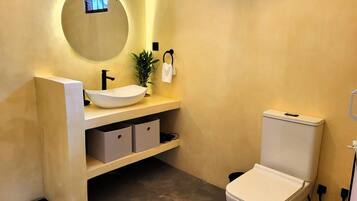 Hair dryer, towels, soap, toilet paper