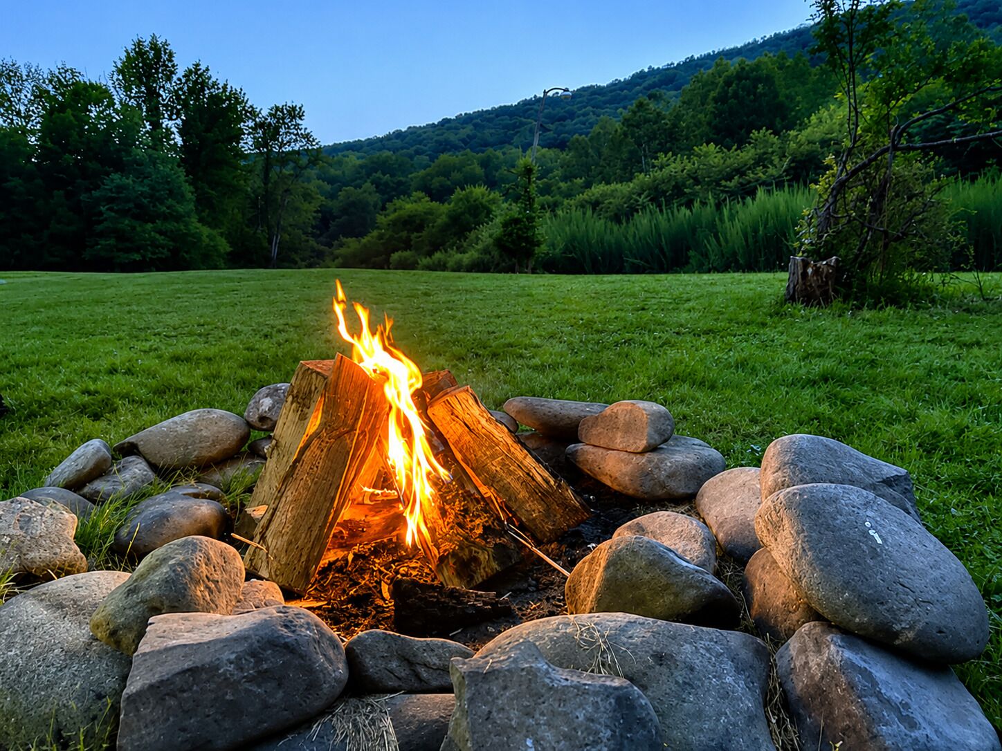 A campfire surrounded by rocks in a grassy field with trees and hills in the background.