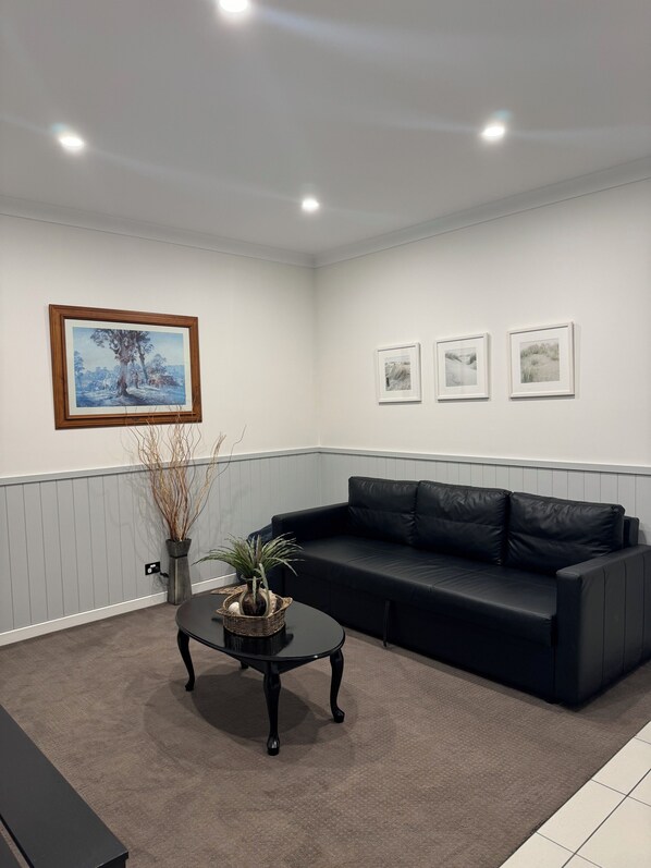 A modern living room with a black leather sofa, a coffee table with a plant, and three framed pictures on the wall.