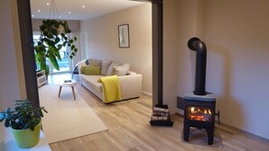 Ein Wohnzimmer mit einer Couch, einem Kamin und einer Topfpflanze.