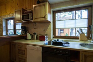 A kitchen with wooden cabinets, a microwave, a toaster, and a sink. - Four -anniversary Type B (Dzwirzyno)