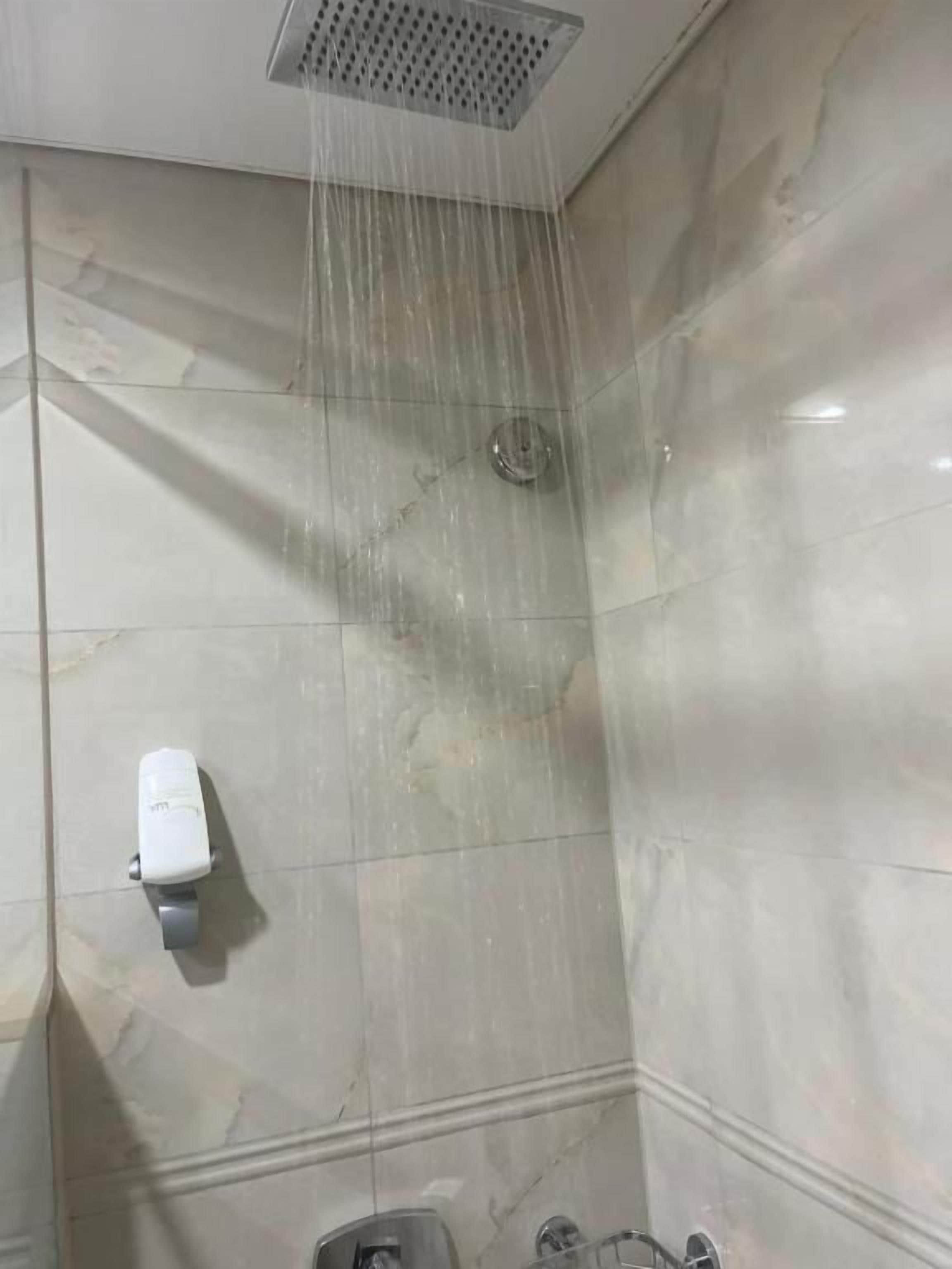 Una doccia con soffione a mano, erogatore di sapone e water.