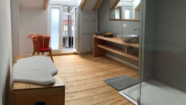 Een kleine kamer met dakraam, houten vloer, rode stoel, witte bank en douchecabine van glas.