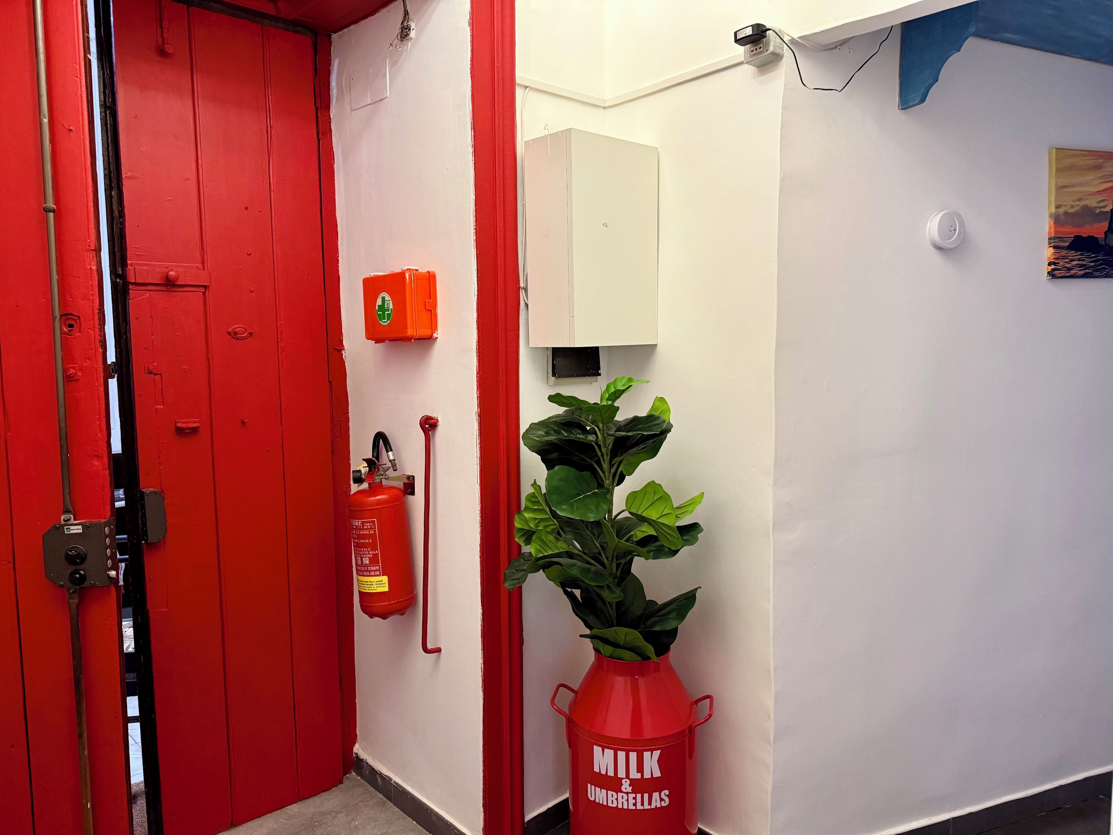 A hallway with a red door, a fire extinguisher, a plant in a milk can, and a white wall with a painting.