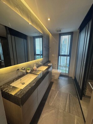 Un baño moderno con un lavabo grande de mármol, un espejo y un inodoro.