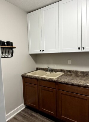 A kitchen with white cabinets, a granite countertop, and a double sink. - Quiet Apt on Fort Wayne's Downtown Trail (Fort Wayne)