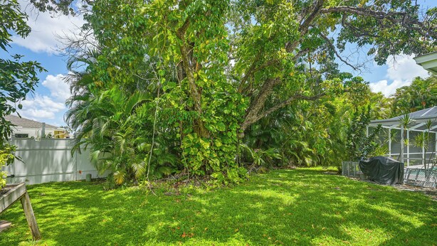 A backyard with a large tree, a white fence, and a covered structure. - Lanai, Pool Access! Naples Studio Near Beach (Naples)