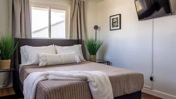 A bedroom with a bed, a flat-screen TV, a window with curtains, and two potted plants.