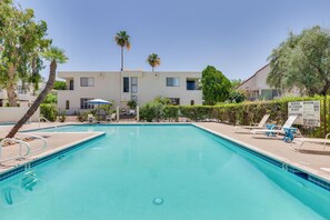 A swimming pool with lounge chairs and a palm tree. - Walk to El Paseo Shops! Palm Desert Condo w/ Patio (Palm Desert)