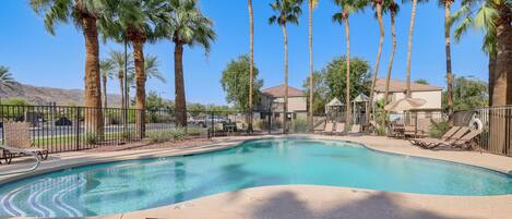 A swimming pool with lounge chairs and palm trees.
