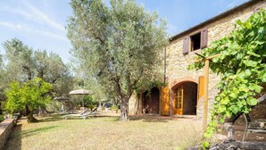 A stone building with a wooden door, surrounded by olive trees and a grassy yard with lounge chairs. - Casale le Lupe Apartments - Ground Floor (Campiglia Marittima)