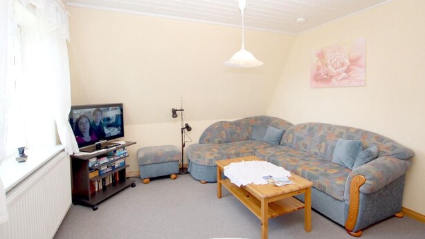 Een woonkamer met een bank, een televisie, een tafel en een plafondventilator.
