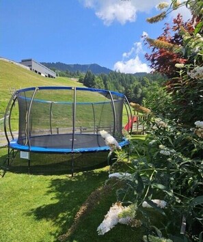 Un trampoline installé dans un espace herbeux, avec un ciel dégagé et des montagnes en arrière-plan.