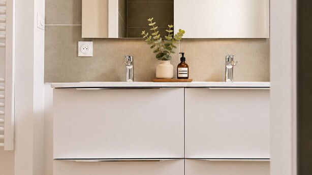 Moderni kylpyhuone, jossa on kaksi pesuallasta, peili, viherkasvi ja pullo shampoota.