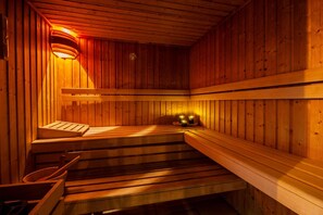 En sauna med træbænke og skråt gulv.