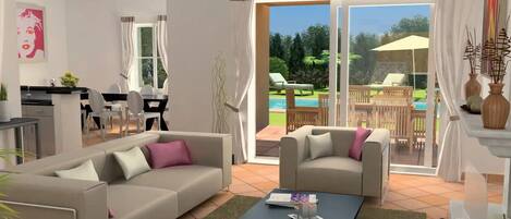 A modern living room with a sofa, armchair, and a coffee table. There is a dining area with a table and chairs, and a kitchen in the background.