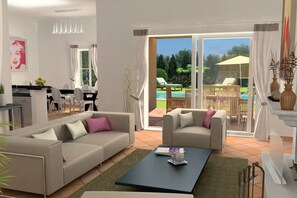 Ein stilvolles Wohnzimmer mit Sofa, Sessel und Couchtisch. Im Hintergrund befindet sich eine Essecke mit Tisch und Stühlen sowie eine Küche.