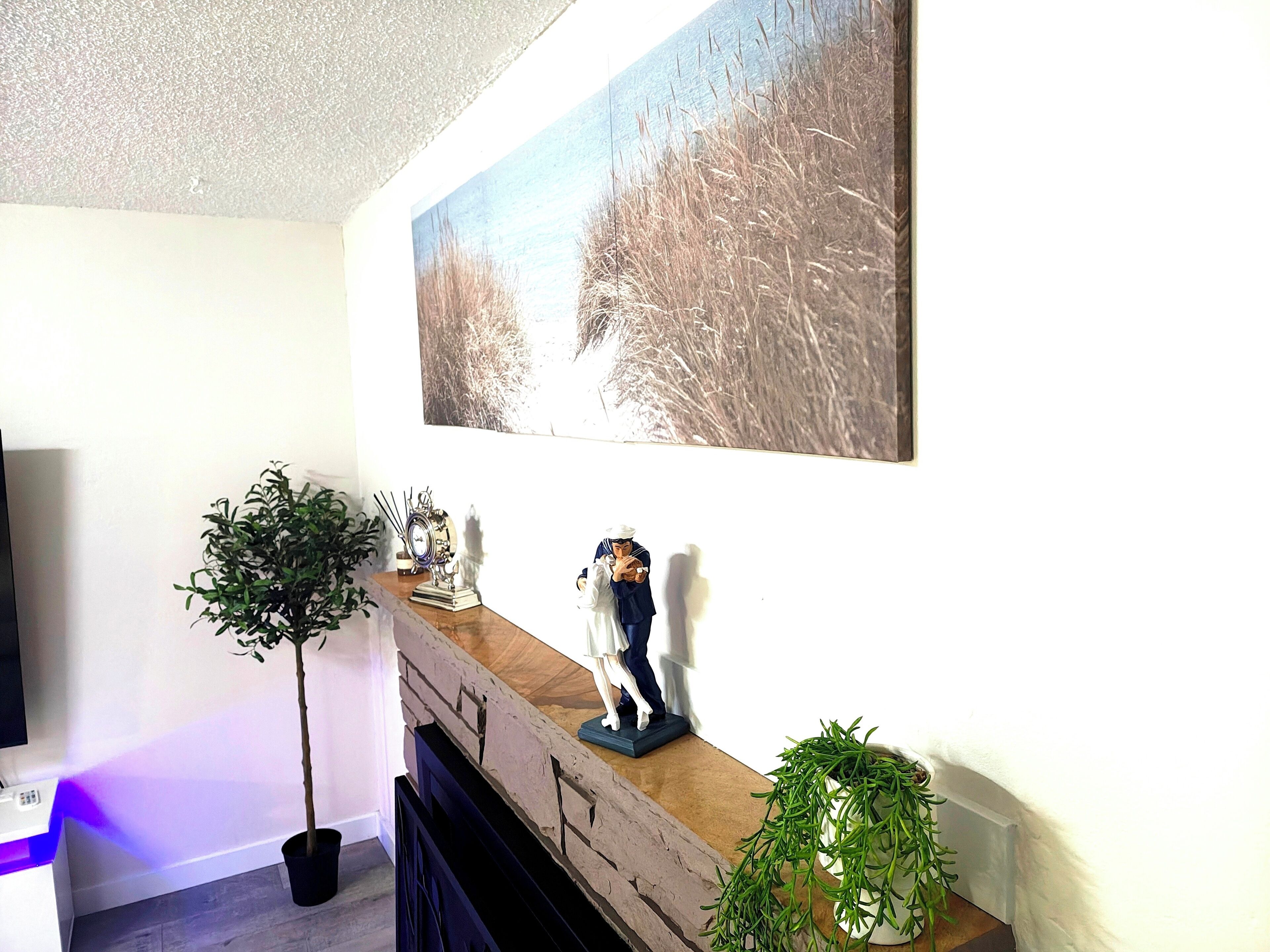 A living room with a fireplace, a television, and a painting on the wall.