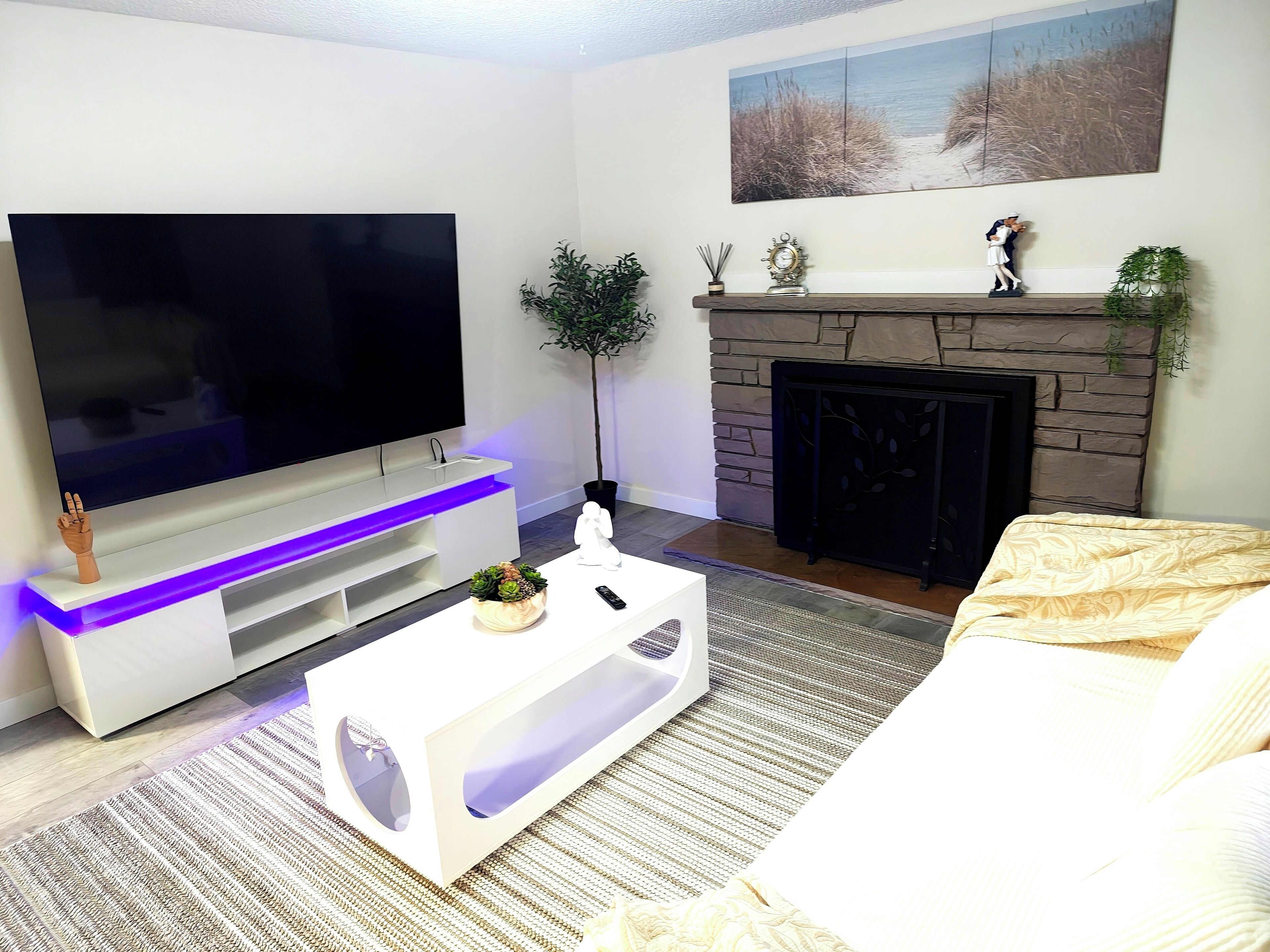 Un soggiorno moderno con una TV a schermo piatto, un camino e un divano bianco.