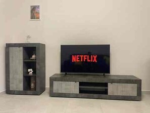 Ein modernes Unterhaltungssystem mit einem Flachbildfernseher, der das Netflix-Logo zeigt.