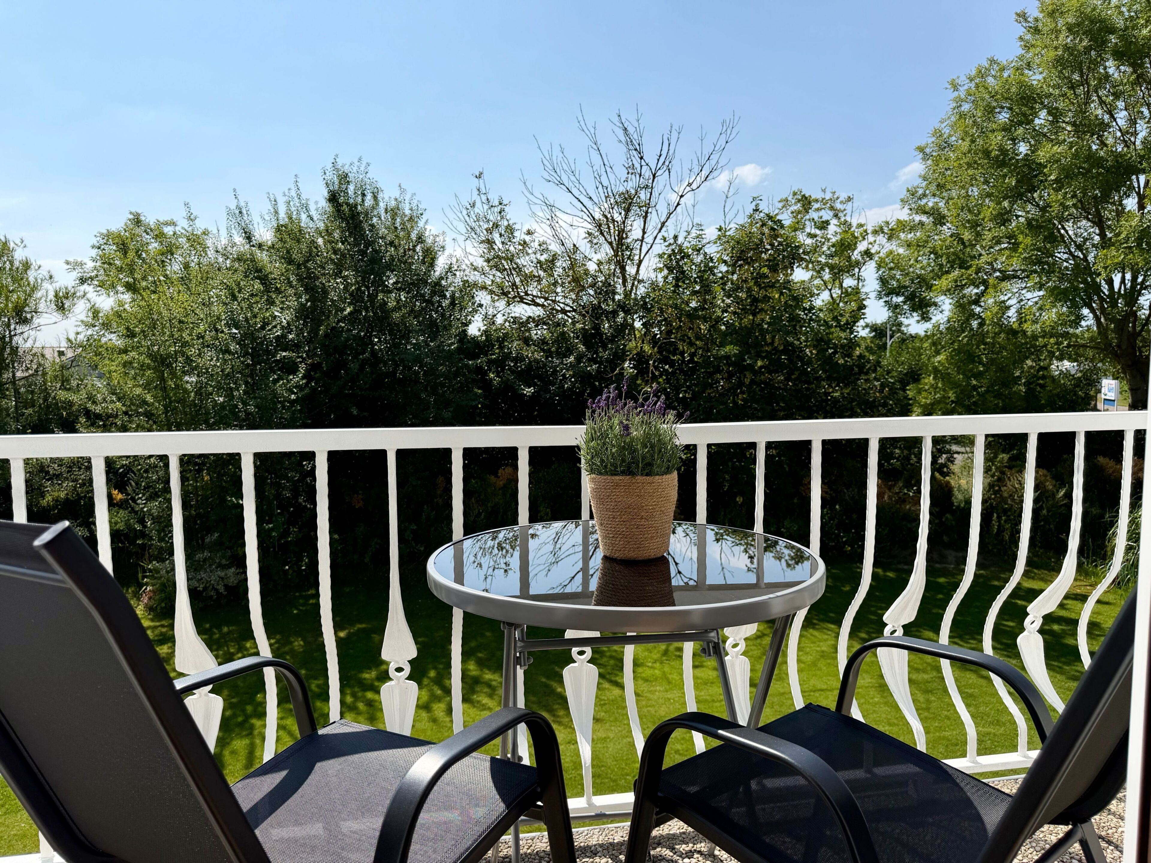 Blick vom Balkon in den Garten und zum Deich