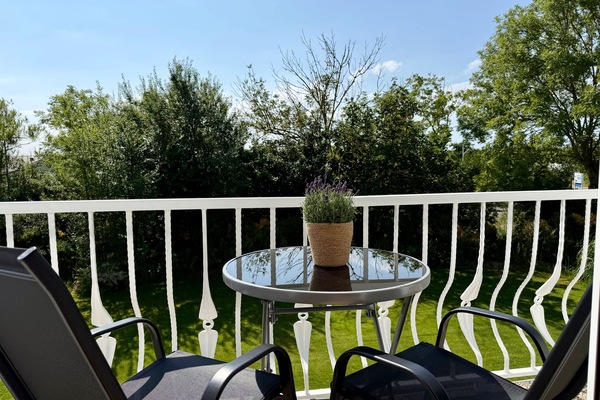 Blick vom Balkon in den Garten und zum Deich