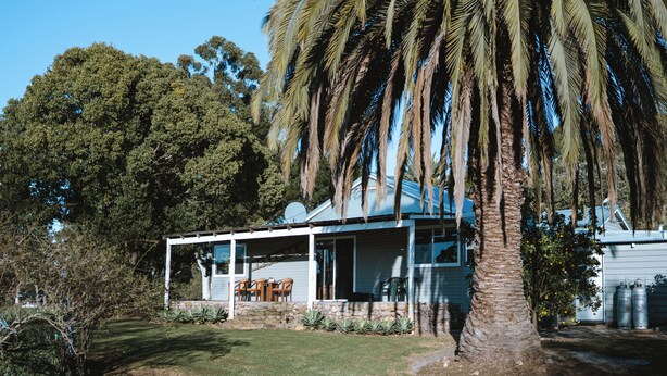 A house with a porch, a dining area, and a large tree in the foreground.