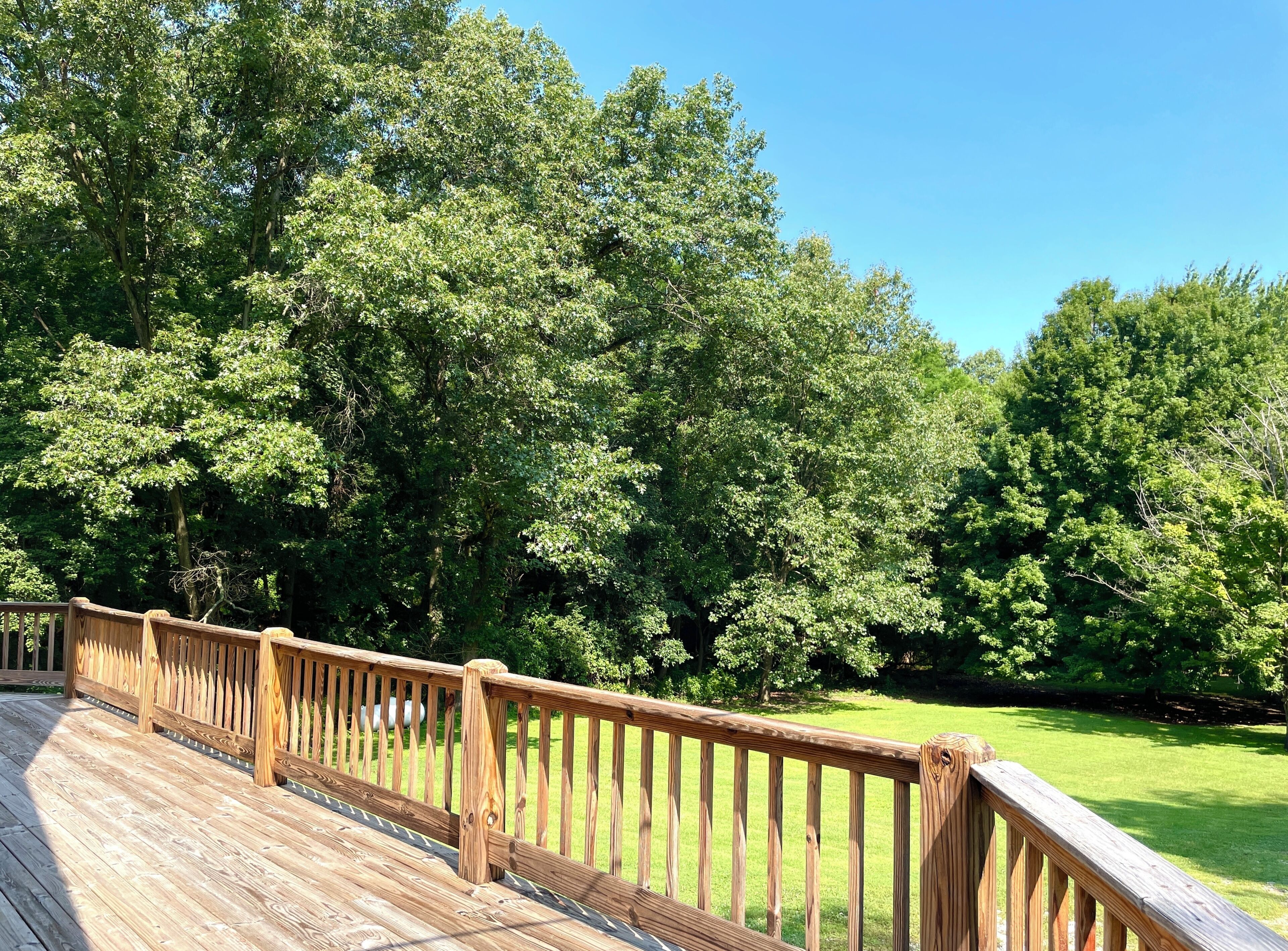A wooden deck with a railing overlooking a grassy area with dense trees.