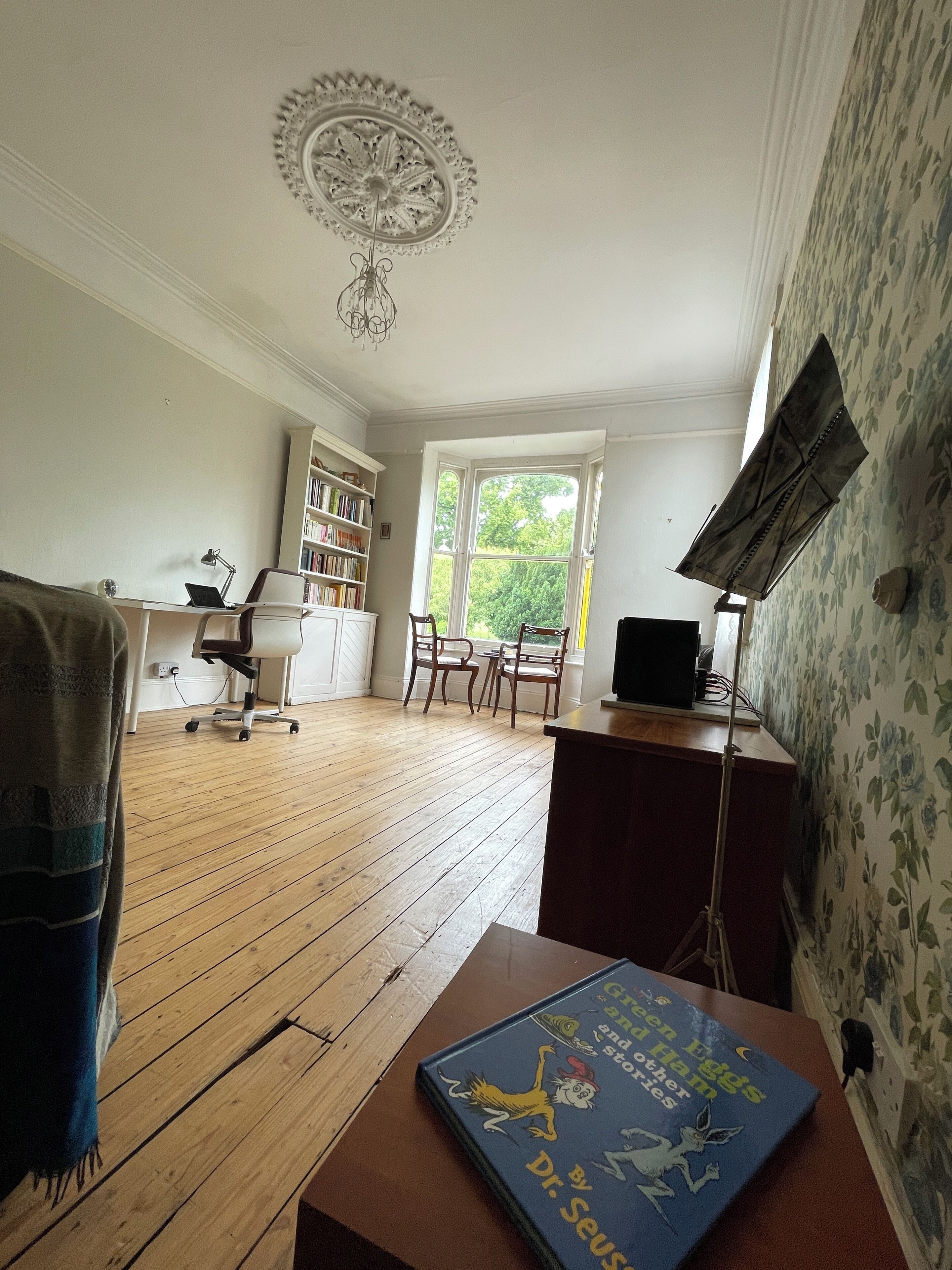 A room with a wooden floor, a desk with a computer, a bookshelf, and a window with a view of greenery.