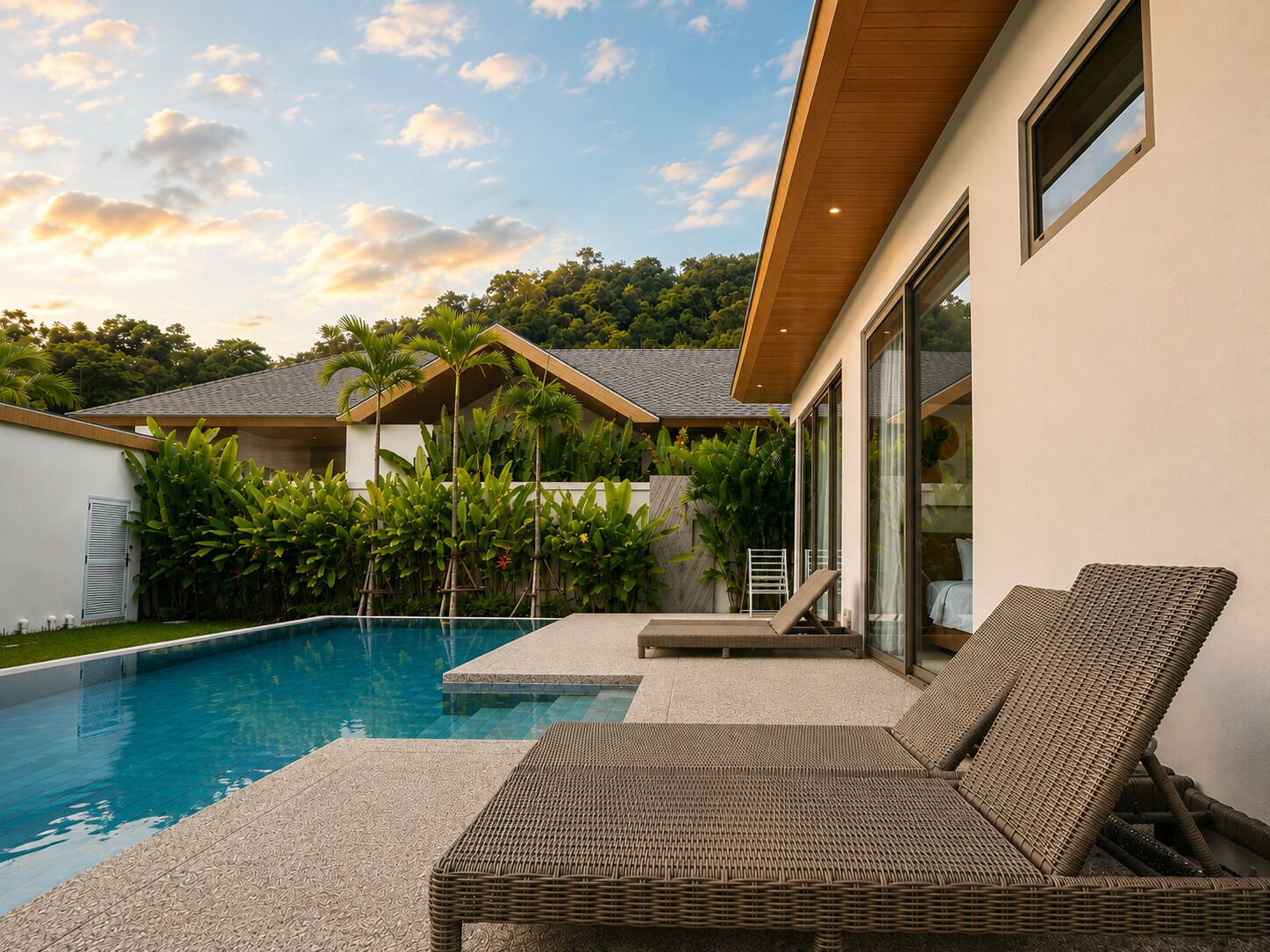 A modern house with a swimming pool, outdoor furniture, and lush greenery.