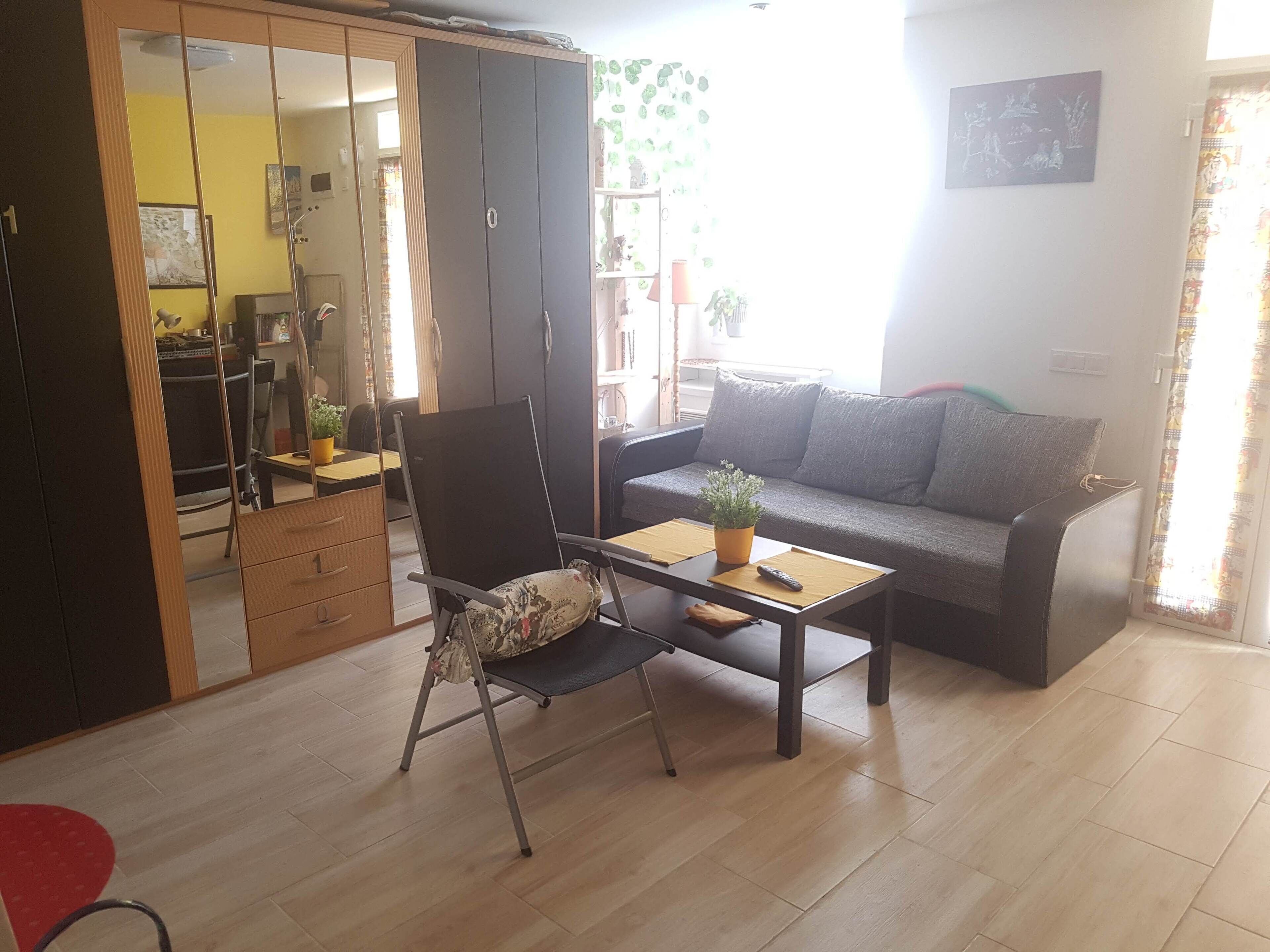 A living room with a sofa, a dining table with chairs, a small table with a plant, and a chair.