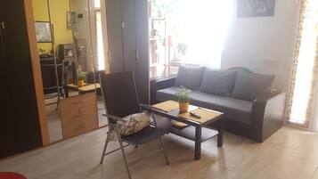A living room with a sofa, a dining table with chairs, a small table with a plant, and a chair.