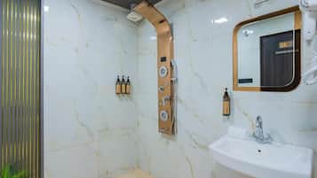 Shower, hair dryer, towels, soap
