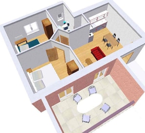 Ein 3D-Grundriss eines Hotels mit mehreren Zimmern, einem Essbereich und einer Küche.