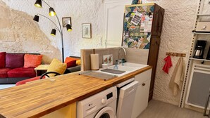 A compact kitchen with a built-in washing machine, a sink, and a coffee machine. - Unique troglodyte cave - 4 guests (Nazelles-Négron)