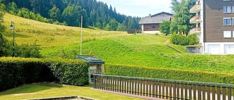A residential area with a paved patio, a wooden fence, and a building with multiple windows.