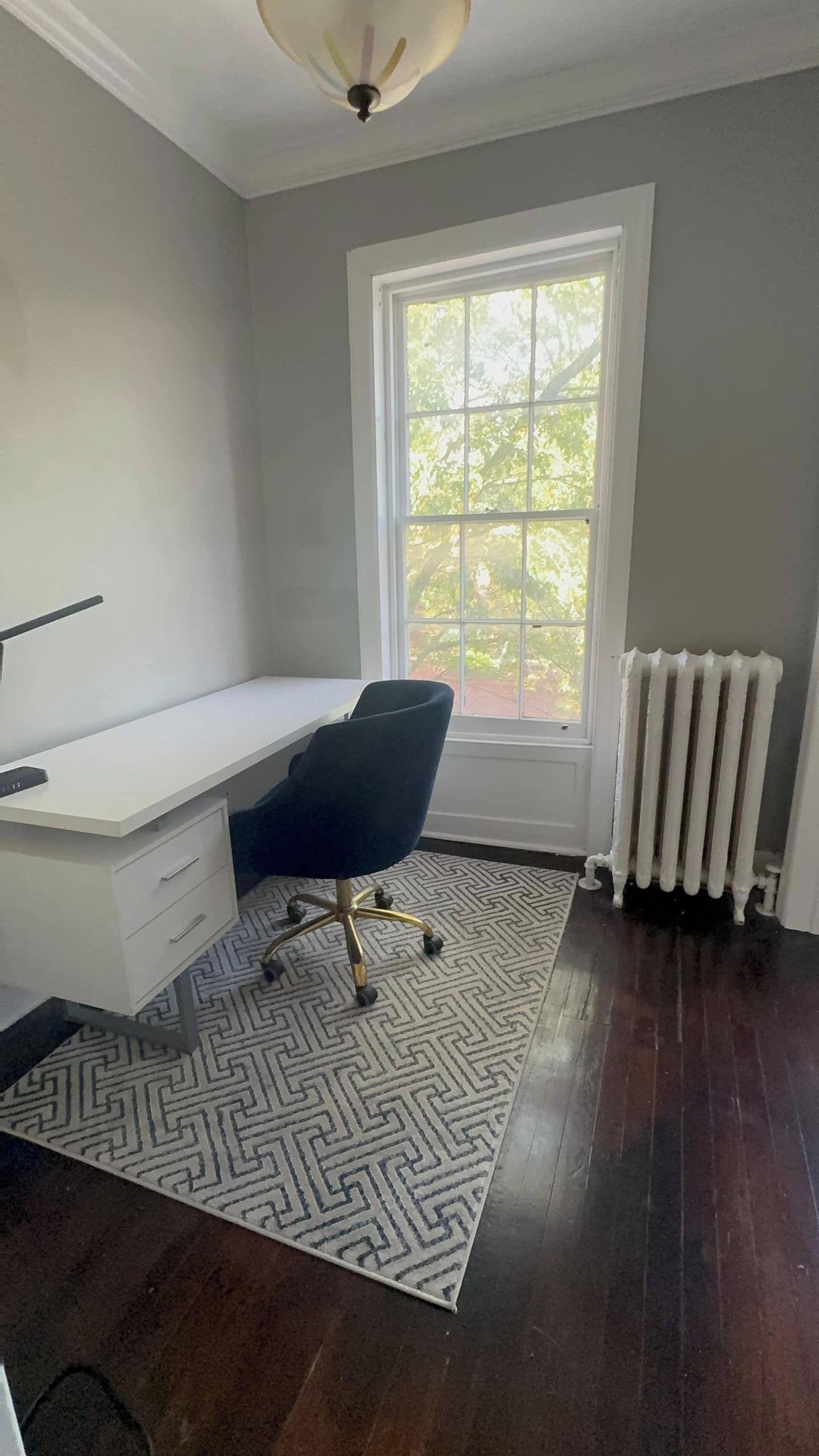 A room with a white desk, a black office chair, a patterned rug, a radiator, and a window with a view of trees.