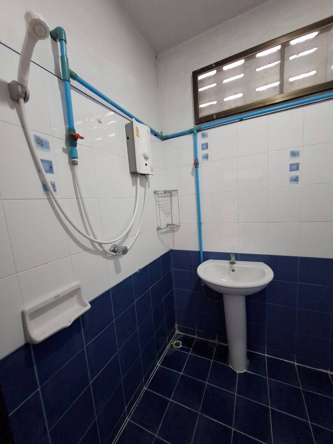 Un baño con lavamanos blanco de pedestal, paredes con azulejos azules y una ducha con cabezal de ducha manual.