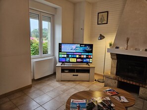 Ein Wohnzimmer mit einem Flachbildfernseher auf einem Holzboden, einem Kamin und einem Fenster mit Blick auf Grünflächen.