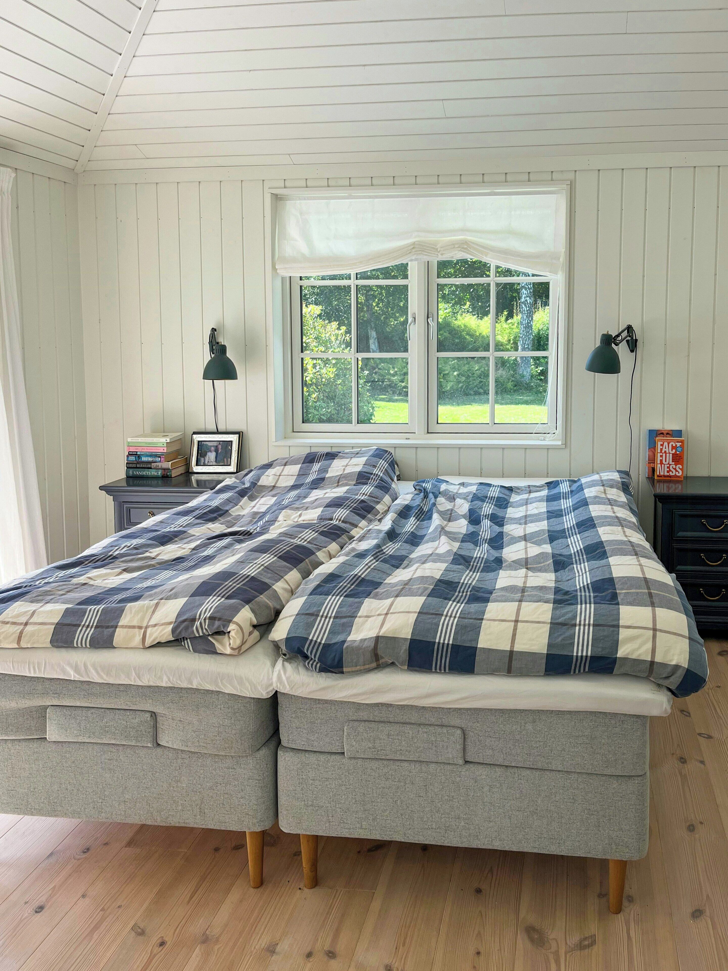 A room with a double bed, two bedside tables, a window with a view of greenery, and a lamp on each table.