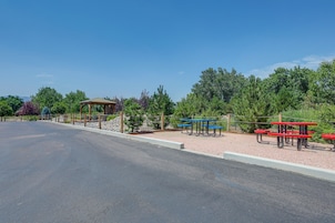 A paved road with a gazebo and picnic tables in a park setting.