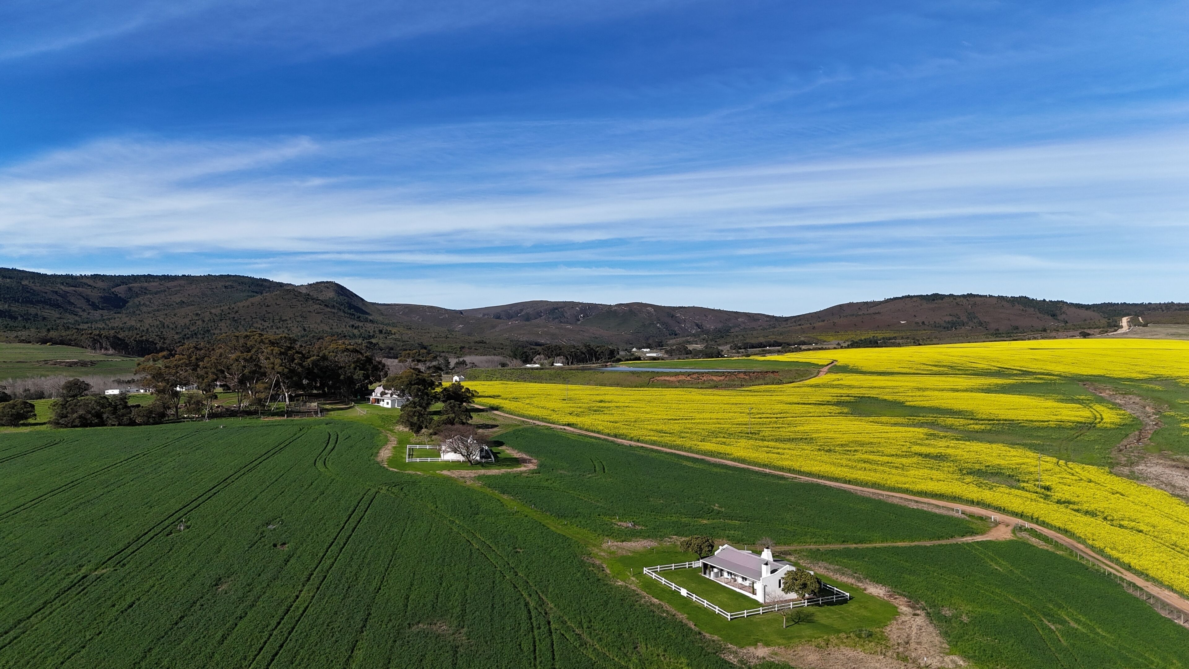 Un paysage rural avec des champs, une maison blanche et des collines à l’horizon.