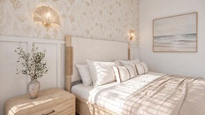 Ein Schlafzimmer mit einem Bett, Nachttischen, einer Pflanzvase und Wandleuchten.