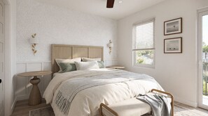 A bedroom with a wooden headboard, a round bedside table, a bench, a window with blinds, and two wall-mounted lamps. - The Estate | BRAND-NEW 2 Luxury Homes • Connected Backyards • Walk to Beach (Santa Rosa Beach)