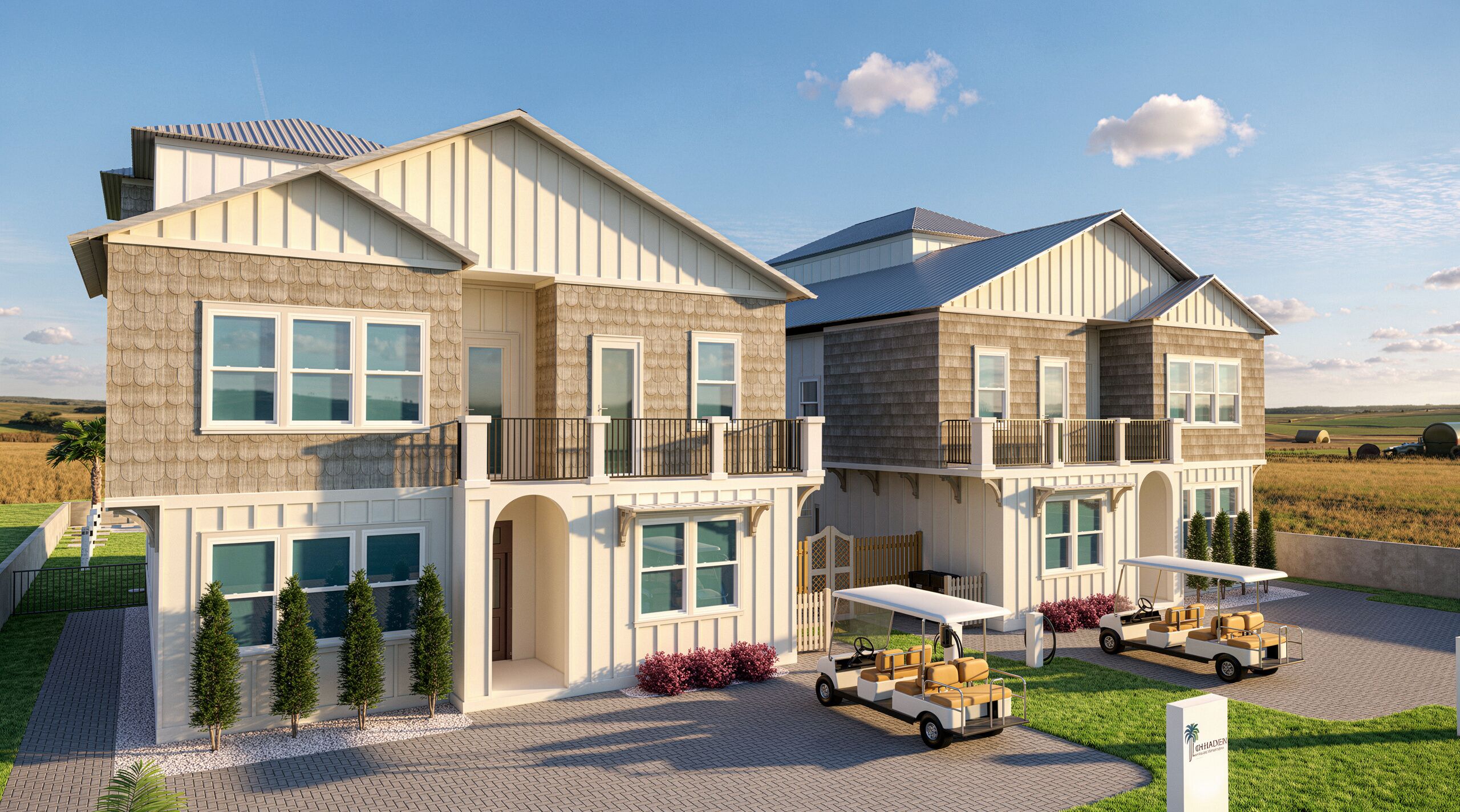 A two-story residential building with a balcony, a driveway, and a golf cart.