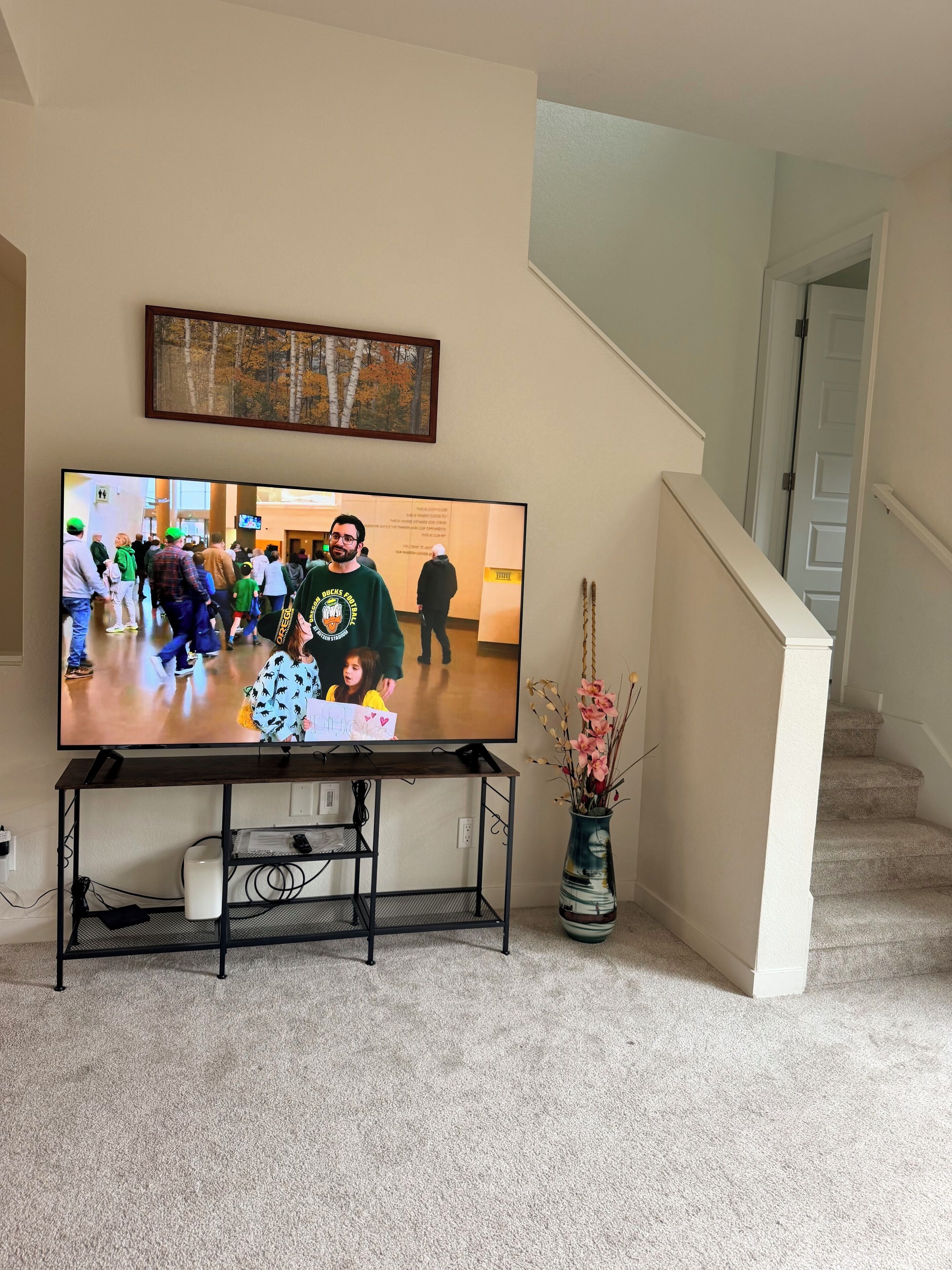 Ein Fernseher auf einem Schrank in einem Zimmer mit Teppichboden, einer Treppe und einem gerahmten Bild an der Wand.