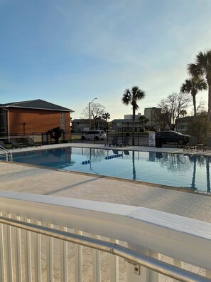 Une piscine entourée d’une terrasse grillagée, un bâtiment doté d’un toit en métal et des palmiers.