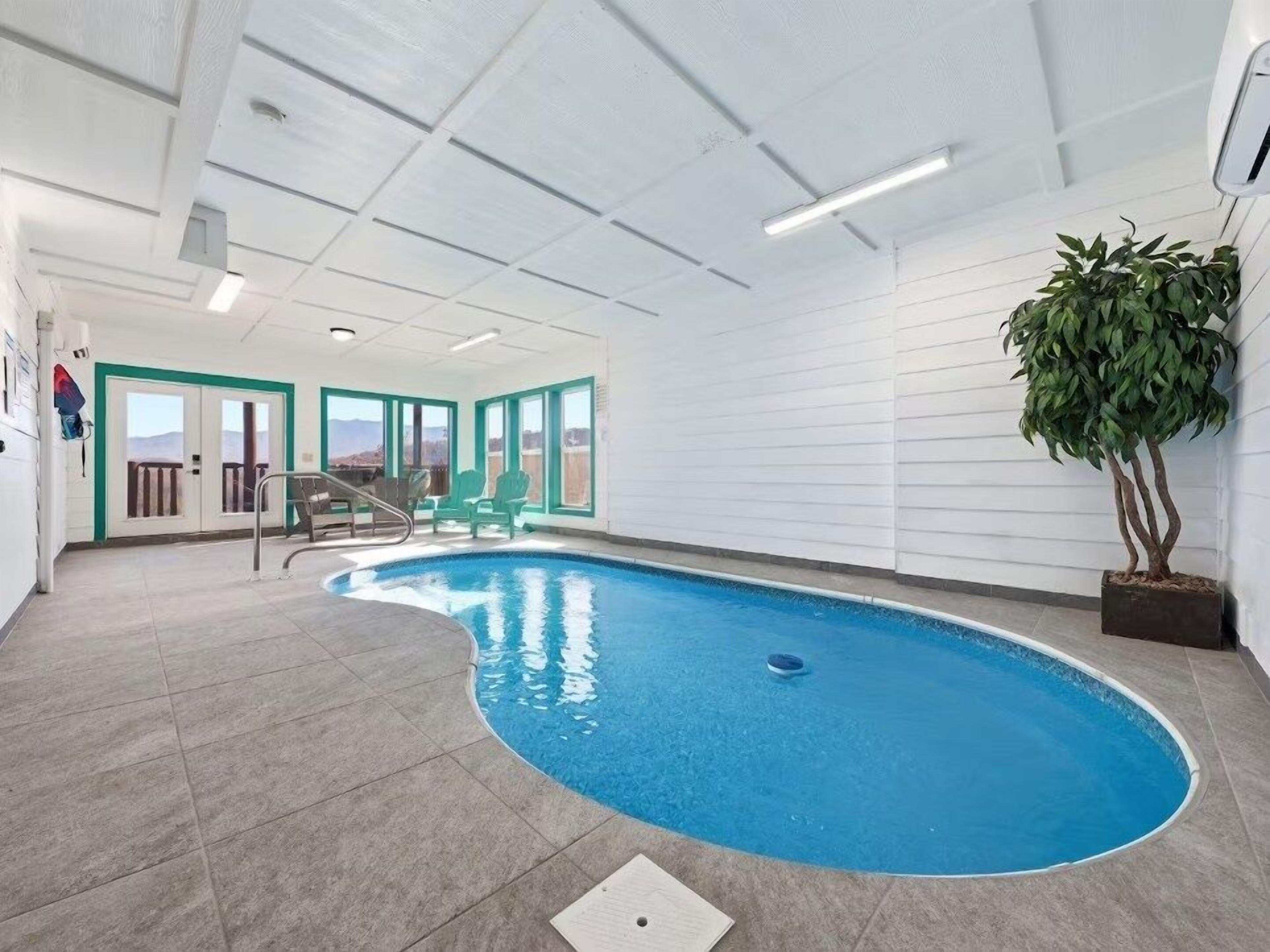 Una piscina interior con paredes de vidrio transparente, suelo de baldosas y una planta en maceta.
