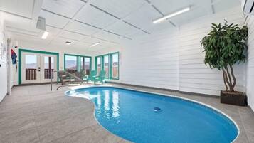 Una piscina interior con paredes de vidrio transparente, suelo de baldosas y una planta en maceta.